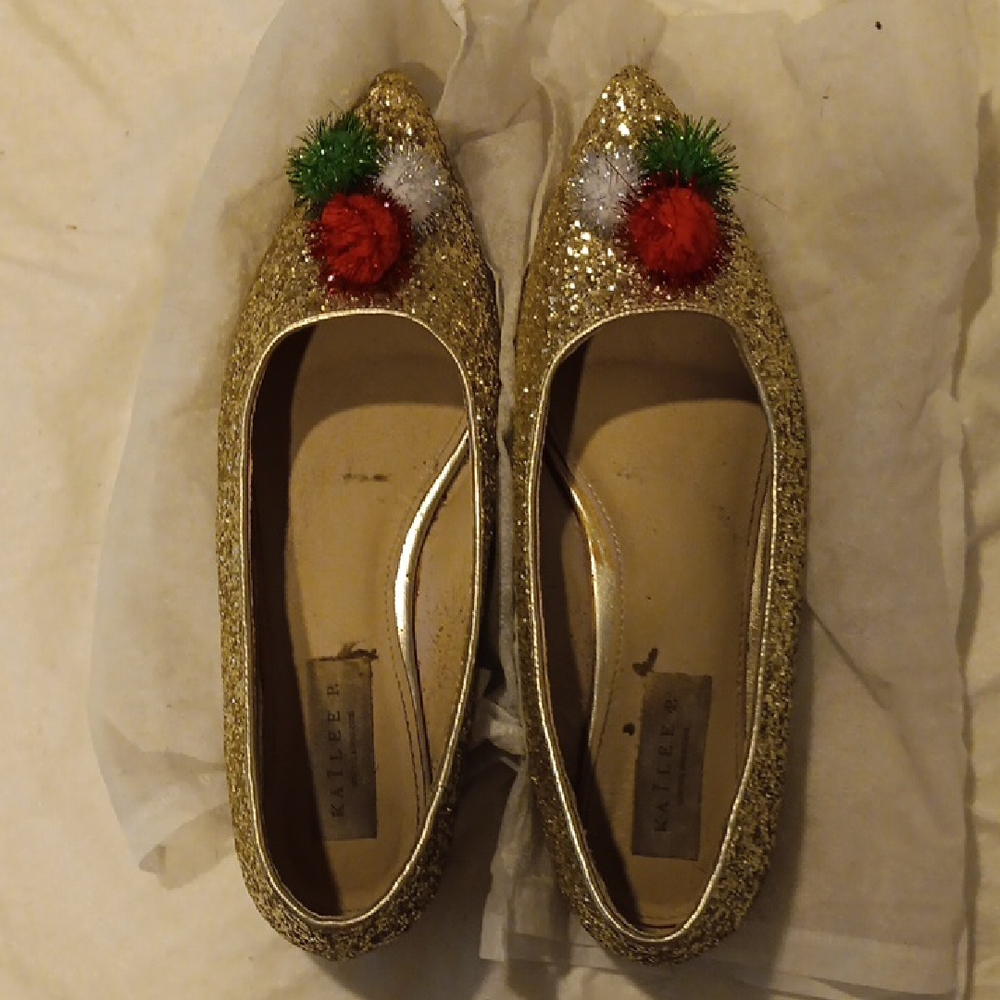 Kailee P.  Gold Glitter Flats with Festive Pom Poms
